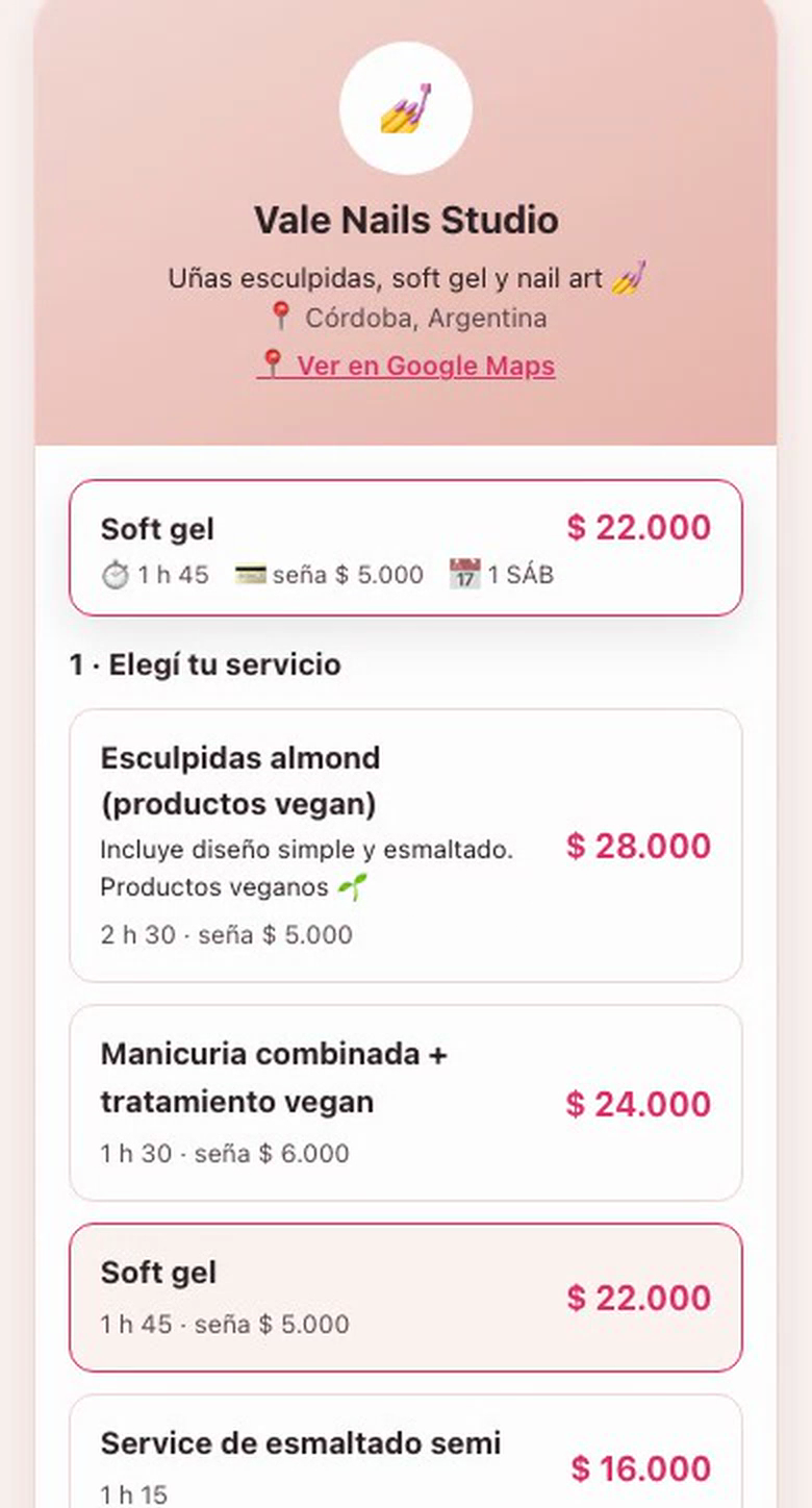Página de reservas de una manicurista con sus servicios y días disponibles